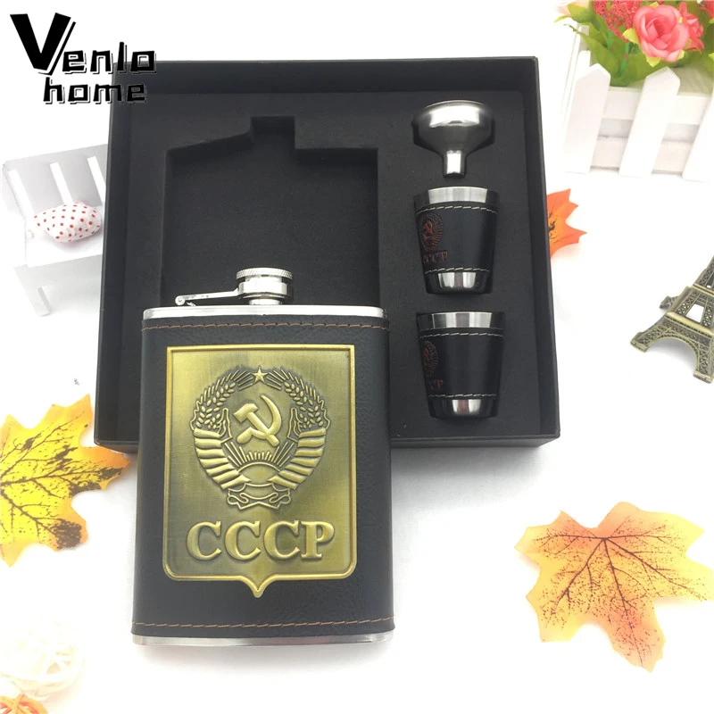 8oz Pocket Portable Hip Flask Stainless Steel Flagon Whiskey Wine Pot Bottle + Funnel + Cup With Fift Box Set Men Alcohol Bottle
