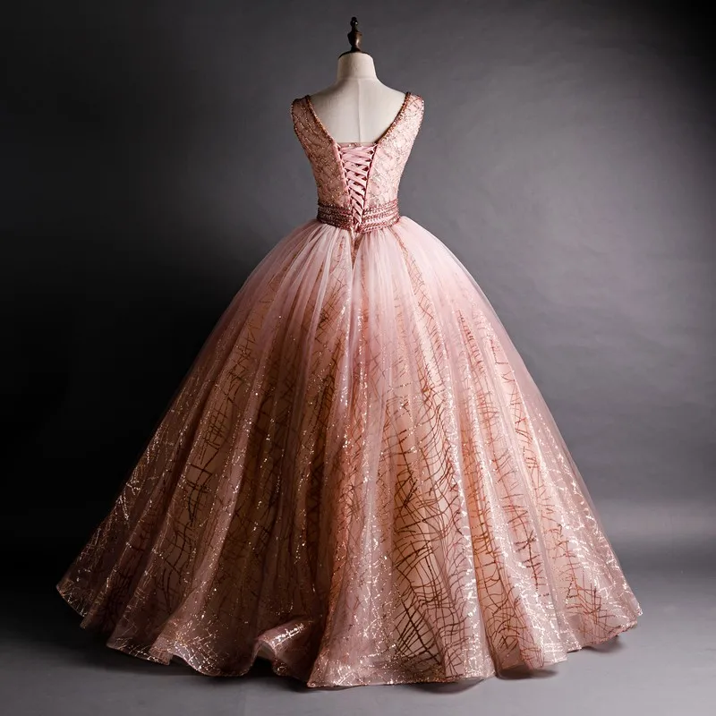 Quinceanera Dresses Luxury Deading Bling Bling Sequins Sleeveless V-neck Party Prom Ball Gown Vintage