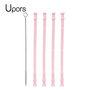 

UPORS 4Pcs Reusable Silicone Drinking Straws with Cleaning Brush Food Grade Folding Straw Collapsible Straw Bar Accessories