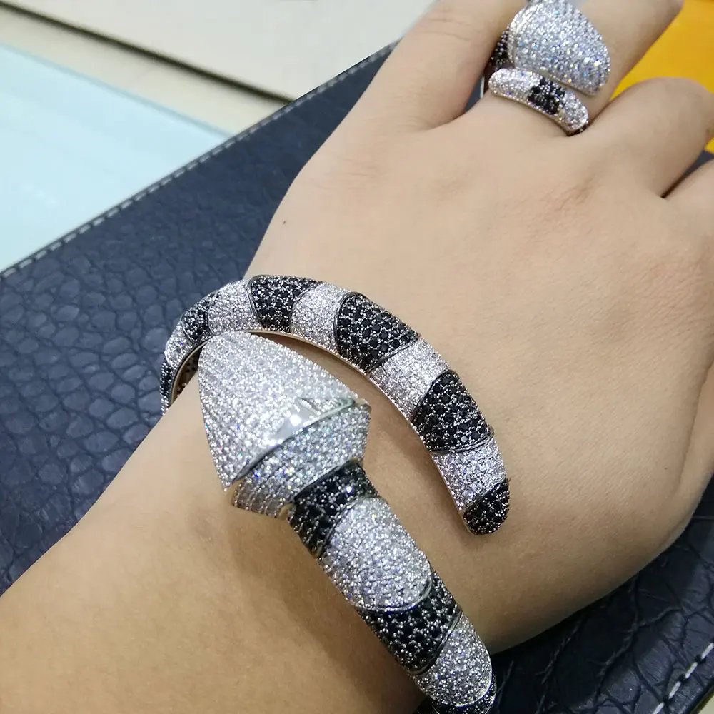GODKI, роскошный Африканский браслет в виде змеи, набор колец, Модные Ювелирные наборы для женщин, Свадебные обручальные brincos para as mulheres - Окраска металла: Silver Black