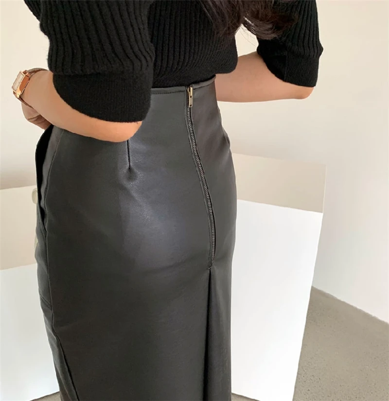 New 2020 Spring Women PU Leather Skirts High Waist Pockets Package Hip Skirt Female Front Split Zipper Midi Pencil Skirts