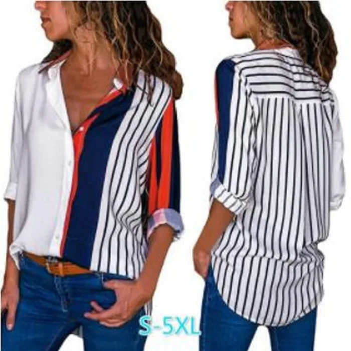 

Hot-selling European and American leisure stripe matching color Lapel long sleeve middle and long shirt woman