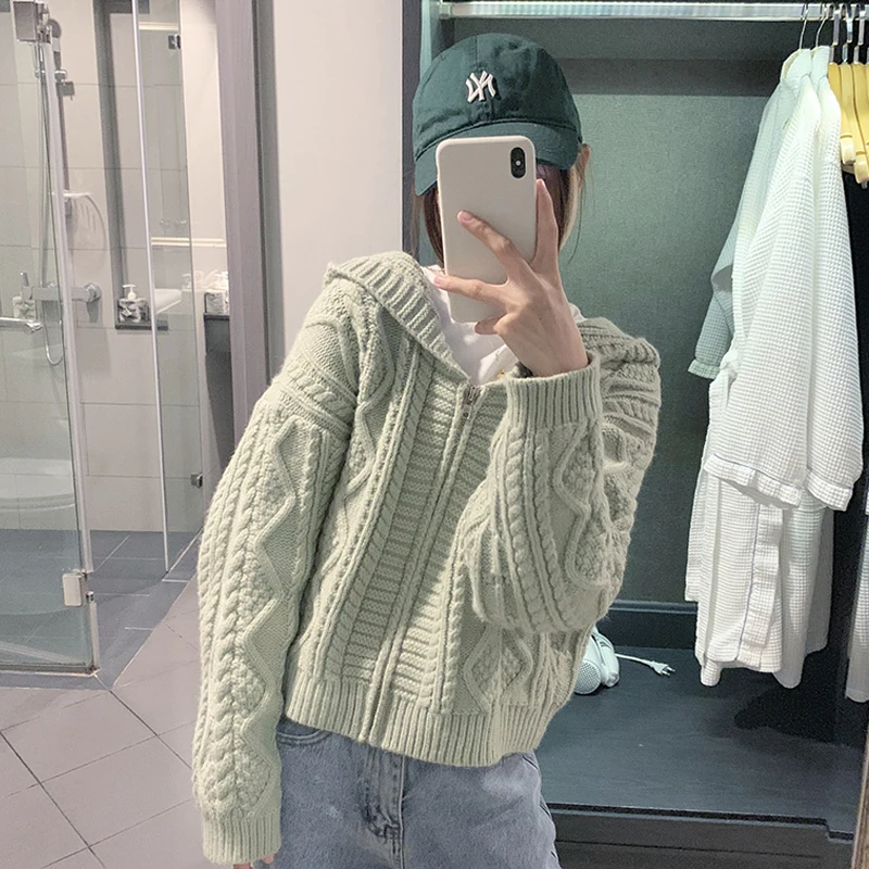 

Women Knitted Cardigan Jacket 2020 Autumn Winter Korean Loose Long Sleeve Solid Hooded Sweater Vintage Twist Sweater Coat Female