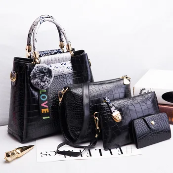 

Fashion Women Pu Leather Shoulder Bag High Quality Serpentine Handbags Large Capacity Designer Female 4 Pieces Set Crossbody Bag