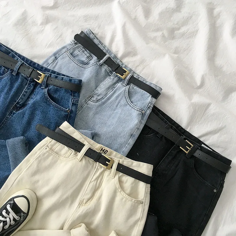 Boyfriend Basic женские джинсы с высокой талией Прямые повседневные длинные женские брюки синие белые черные уличные брюки