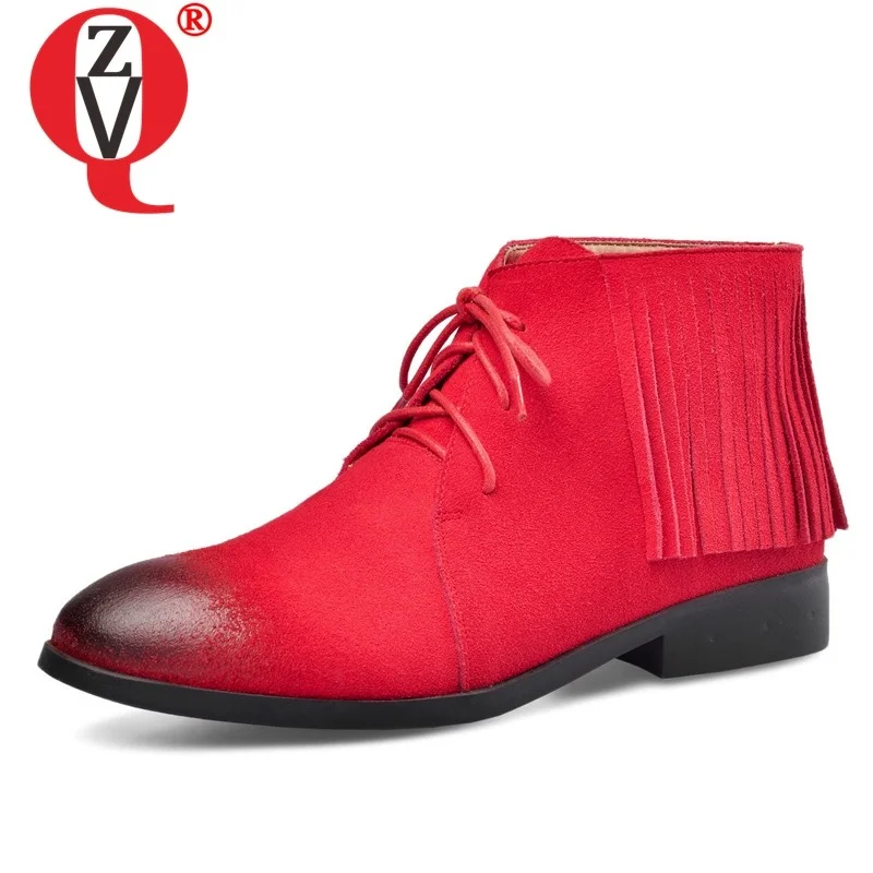 

ZVQ autumn new casual cow suede ankle boots outside comfortable low heels cross-tied fringe round toe women shoes drop shipping