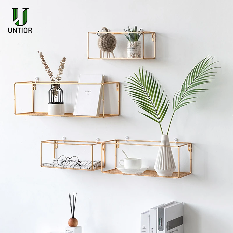 

Nordic Iron Wall Hanging Racks Creative Golden Square Floating Shelf Living Room Metal Desktop Decoration Crafts Storage Holders
