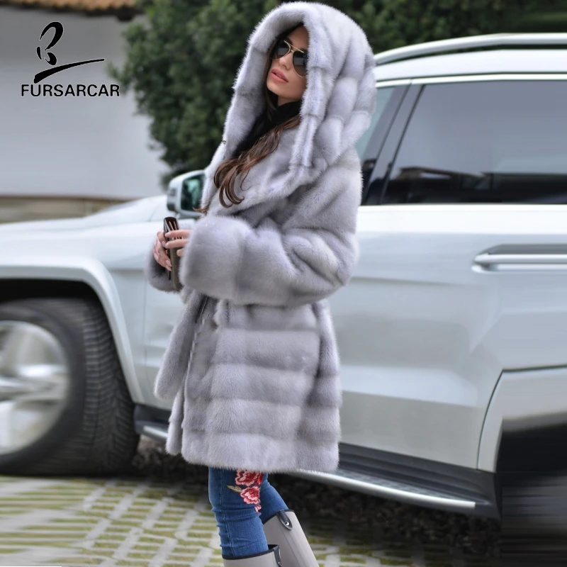 FURSARCAR/большой женский зимний жакет с капюшоном, новые модные роскошные шубы из натурального меха норки серого цвета для женщин, пальто из натурального меха, ткань