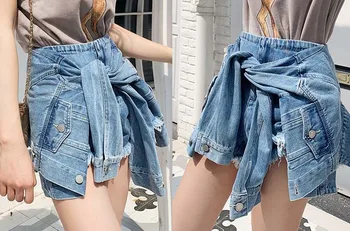 

Women High Waist Frayed Denim Shorts Women's Personalized Splicing Sleeve Fake Two Casual Pants A2