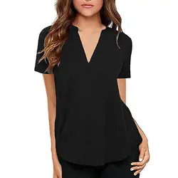 Женская летняя мягкая шифоновая однотонная блузка, Летняя Повседневная рубашка с v-образным вырезом, рубашка с коротким рукавом, топы
