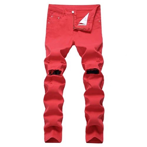 Red Fall/winter knee big hole jeans European and American fashion high street boys stretch slim leggings - Цвет: Red