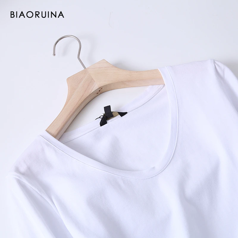 BIAORUINA Womens Cotton Basic All-match V-neck T-shirt Long Sleeve Korean Style Slim Everyday Tees Casual Tops
