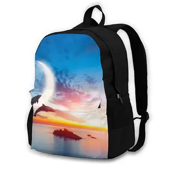 

Dolphin Jumping Up From The Sea At Sunset With Super Moon Shoulder Bag Casual Women Backpack Teenage Girl School Bag Bagpack