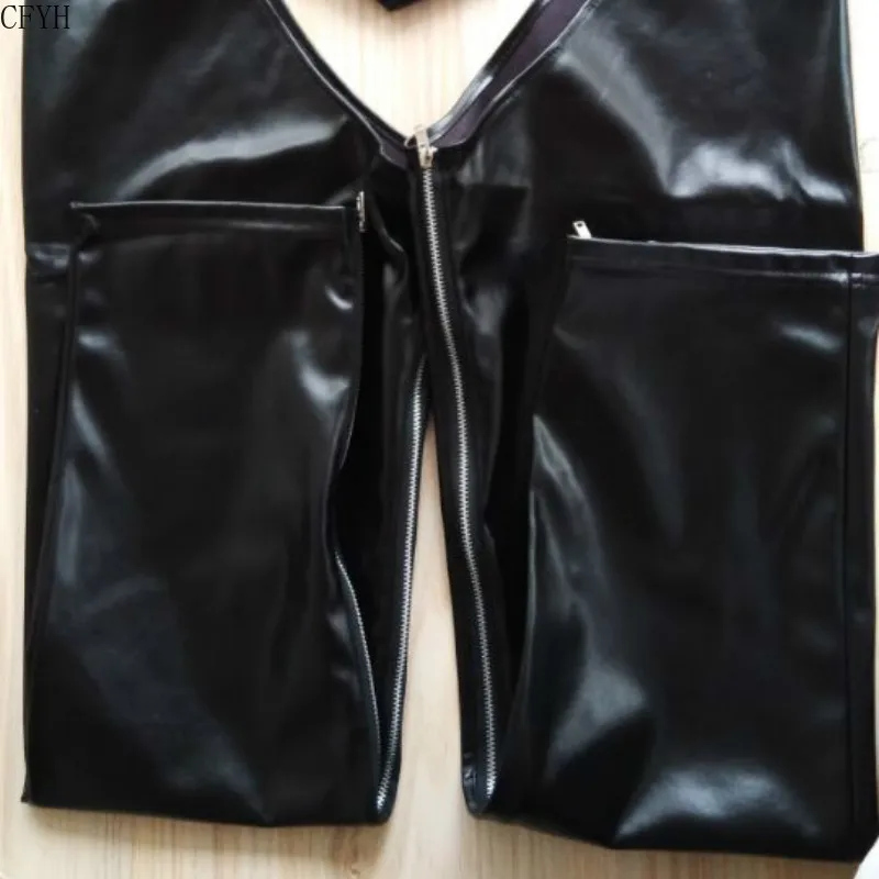 Sexy Men PU Leather Open Crotch Erotic Latex Pants Adjustable Belt Buckle Zipper Side Trousers Hollow Out Long Pants Club Wear