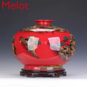 

Living Room Red round Belly Big Vase Decoration Jingdezhen Ceramics Chinese Red Decorations Flower Arrangement Porcelain Bottle