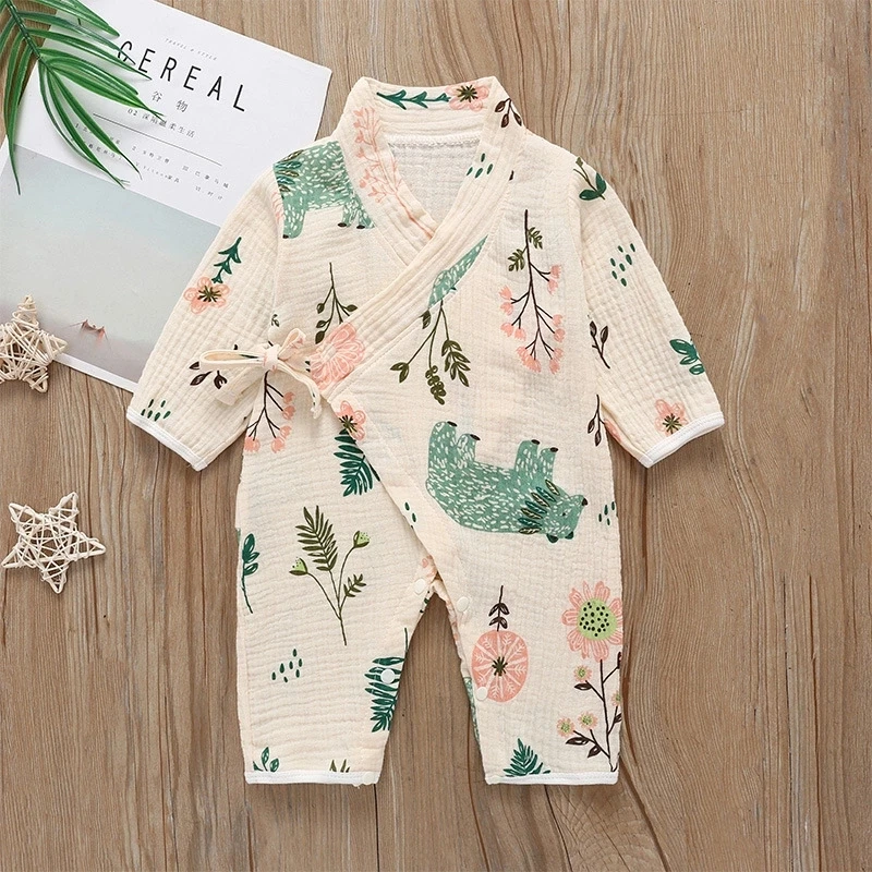 0-18M New Spring Autumn Baby Girl Boys Clothing Jumpsuit Long Sleeve Floral Print Lovely Soft Baby Kimono Playwear 5