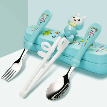 

Cartoon Kids Chopsticks Tableware Set Spoon Fork Teaspoon Cutlery Children Rabbit Dinnerware Sets With Box Flatware Accessories