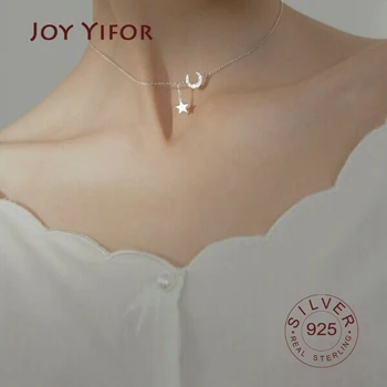 

Real S925 sterling silver Necklace Pendant moone star zircon Clavicle Chain Black Charm Necklace For Women Jewelry Kolye