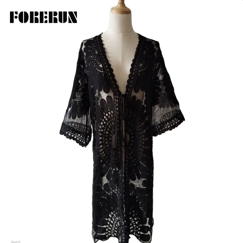 FORERUN Floral Embroidery Beach Blouses Women Transparent White Lace Kimono Cardigan summer Sex Sunscreen Bohemian Blusa