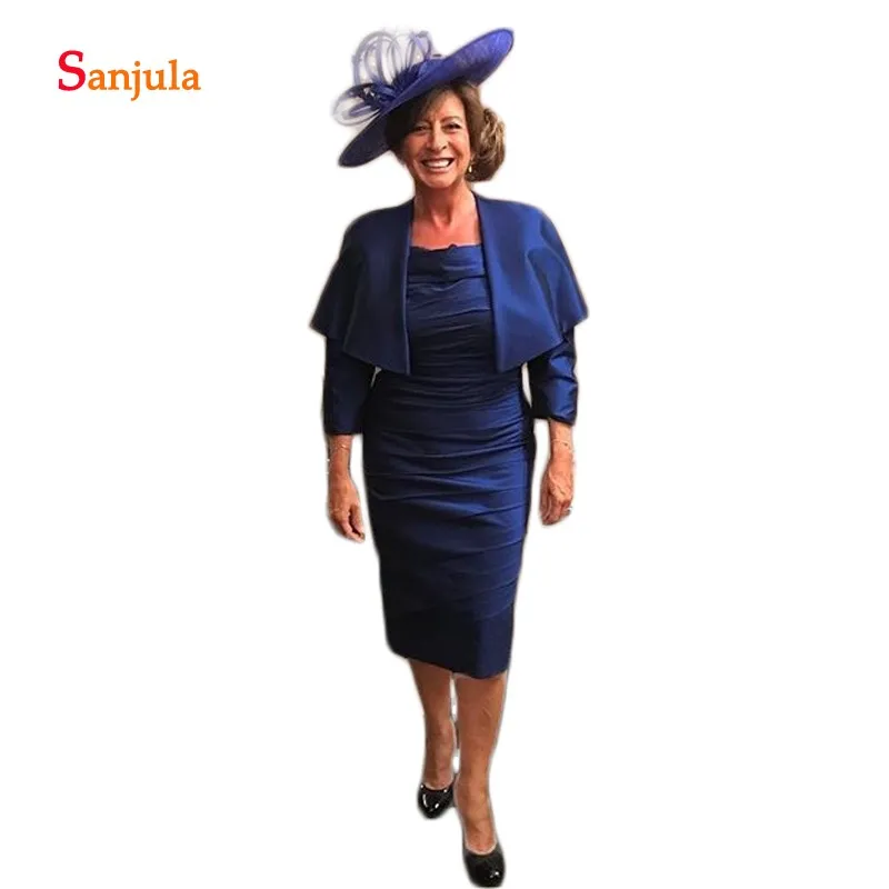 Boat Neck Off the Shoulder Mother of the Bride Dresses Short Three Quarter Sleeve Sheath Groom Mother Gowns with Wraps D1102