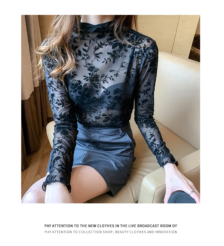 Korean Fashion Mesh Women Blouses Office Lady Shirt and Blouse Long Sleeve Floral Blusas Largas Loose Womens Sexy Tops