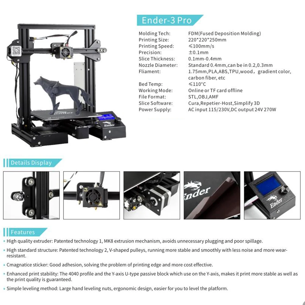 Creality Ender 3 Pro 3d принтер со съемной поверхностью сборки и UL сертифицированный источник питания 220x220x250 мм DIY бытовой