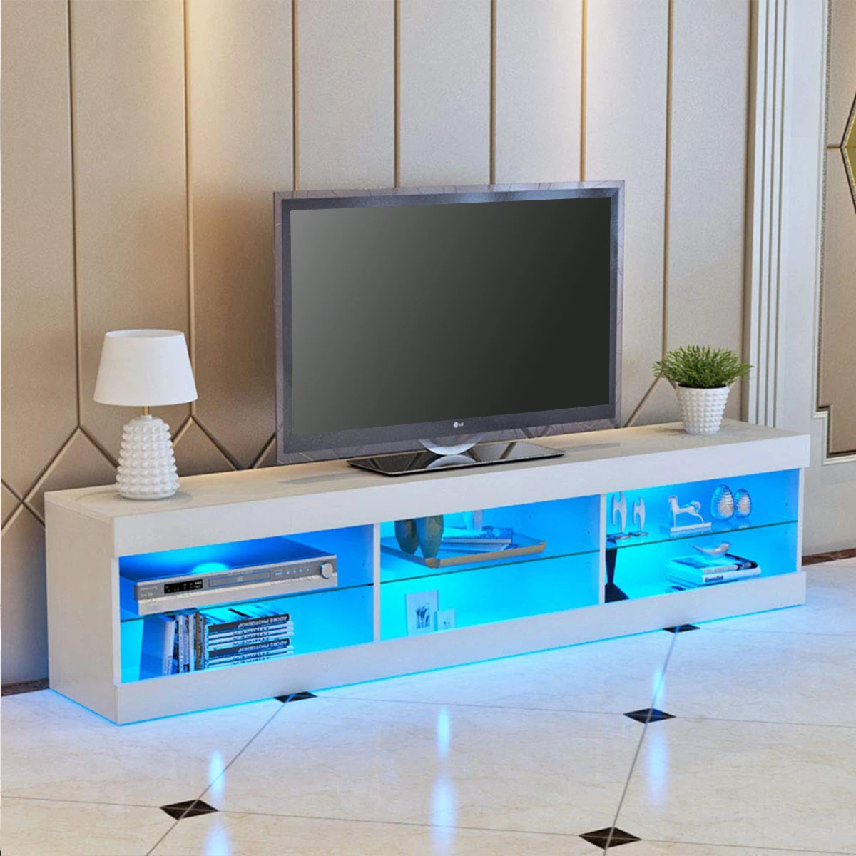 cheap 57 #039; #039; LED Light High Gloss TV Unit Cabinet Stand White Black Wood Table Living Room Meuble TV Bedroom Furniture Desk US Shipping