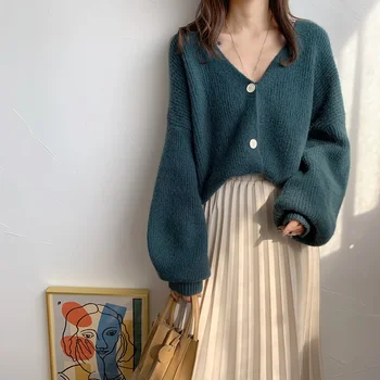 

New Oversize Women's Sweaters Autumn Winter fashionable Casual Blue V-Neck Cardigans Single Breasted Puff Sleeve Loose Cardigan