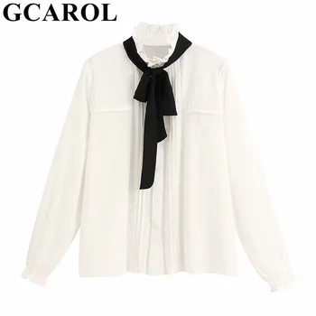 

GCAROL New Spring Summer Women Ruffles Stand Collar Floral Blouse Bow Detachable Layered Poplin Shirt Retro White Multi occasion