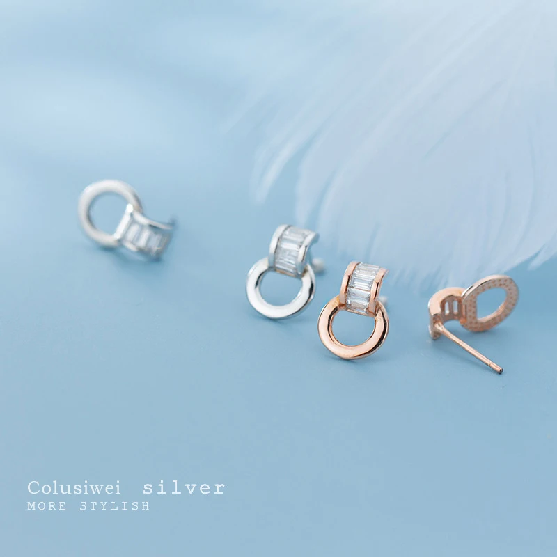 

COLUSIWEI Настоящее чистое 925 пробы серебро геометрической формы круглые серьги-гвоздики для женщин с пересекающимися мигающими звездами прозрачный CZ гвоздики для ушей, хорошее ювелирное изделие, подарок