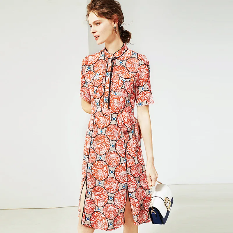 

white print red silk shirt dresses women 2020 summer brand long casual sexy office work beach boho dress plus size dropship