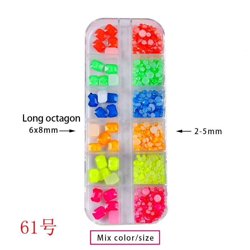 12Grids Mix shape Fluorescence Nail rhinestone Flatback Glass Round Nail Art Rhinestone 3D Glitter Diamond Jewelly stone
