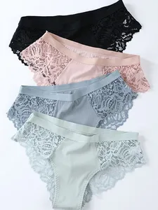 Трусики женские хлопковые кружевные с цветочным принтом, 3 шт.