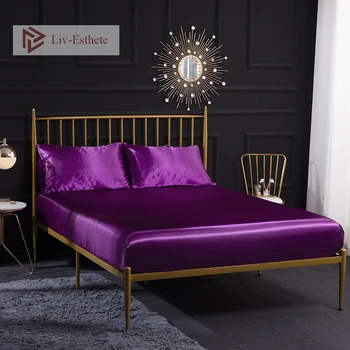 

Liv-Esthete Luxury 100% Satin Silk Purple Women Fitted Sheet With Elastic Band Silky Mattress Cover Queen King Bed Flat Sheet