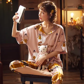 

Summer Pure Cotton Pajamas WOMEN'S Short Sleeved Capri Pants Set Korean-style Cartoon Plaid Pattern Comfortable Tracksuit Women'