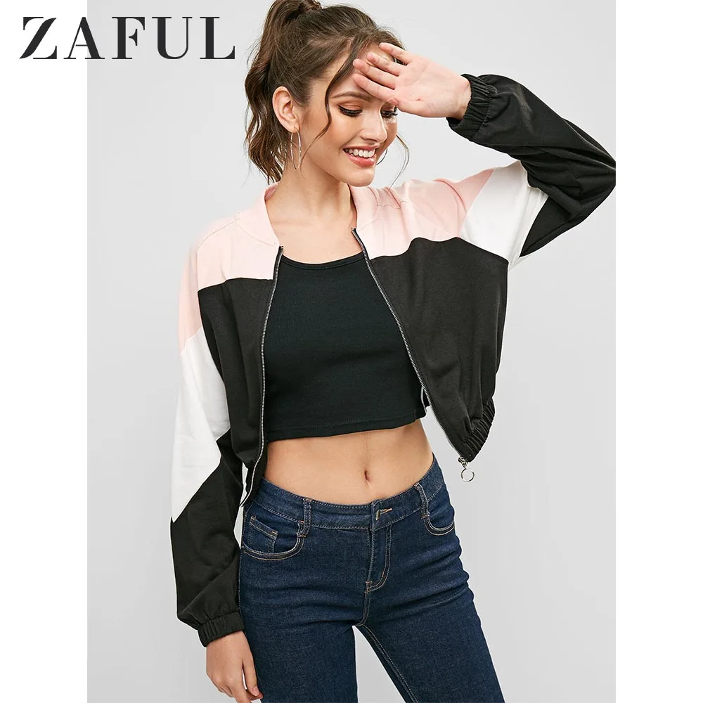 

ZAFUL Color Block Zip Up Raglan Sleeve Jacket Women Zipper Crop Jackets Autumn Streetwear Wide-waisted Fashion Patchwork Jackets