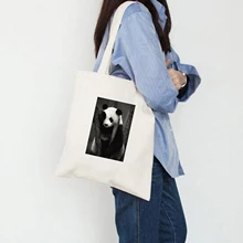  Cute Panda Print Women Canvas Bags Shopping Eco Reusable Foldable Shoulder Bag Handbag Tote Casual Bags School Travel Folding 