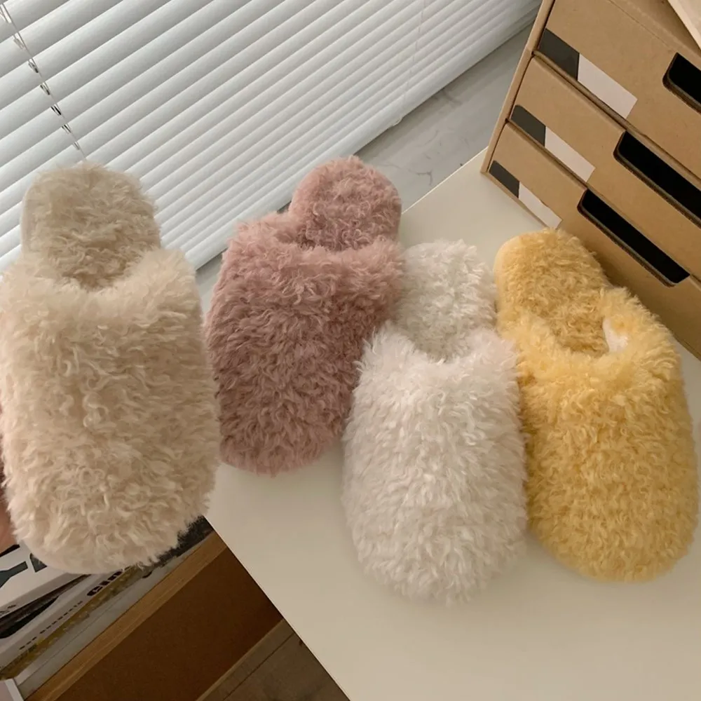 Warm White House Slippers Winter Soft Fuzzy Slippers For Women Faux Fur Slides Slippers Female Girls Slip On Hairy Home Shoes