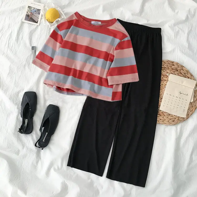 Women Sets Colorful Striped T-shirt Simple Elastic-waist Wild-leg Loose Long Trousers Student Korean Style Casual Comfortable plus size jogging suits