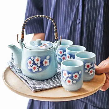 

Portable Teapot Tea Cups Set Flower Pattern Kettle Ceramics Teapot Creative Water Jar Set Teaware with 4pcs Cups