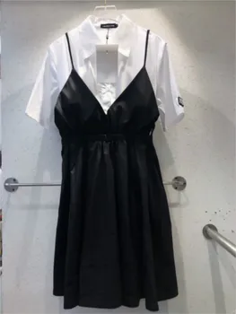 

AAW067 Women Fake Two-piece Short-sleeved Shirt Suspender Dress A2
