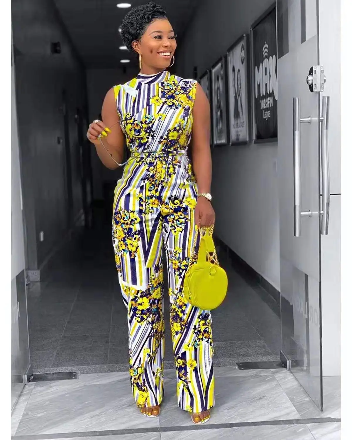 

2020 Summer Ladies Fashion Elegant Jumpsuit Digital Printing High Stretch Sleeveless Wide Leg High Waist Jumpsuit + Belt