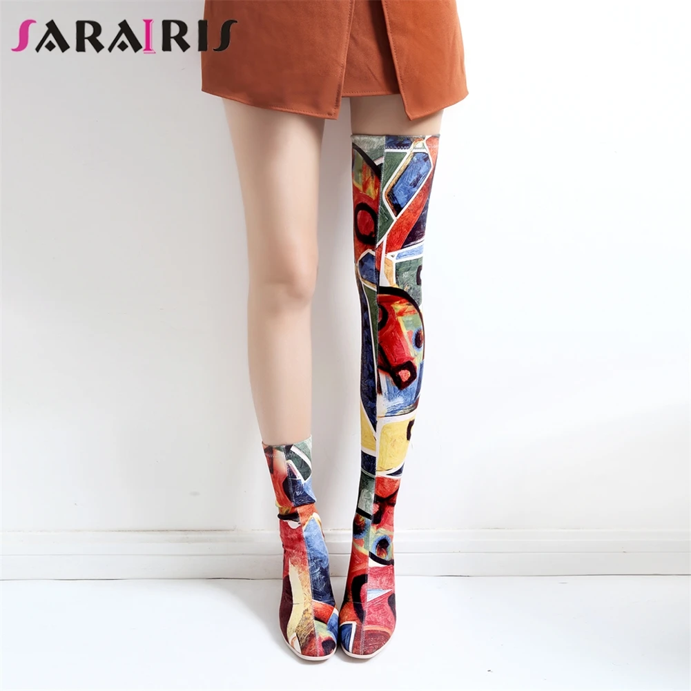 

SARAIRIS Brand Print Graffi Over The Knee Boots Ladies Sexy Stretch Thigh High Boots Women 2019 Autumn High Heels Shoes Woman