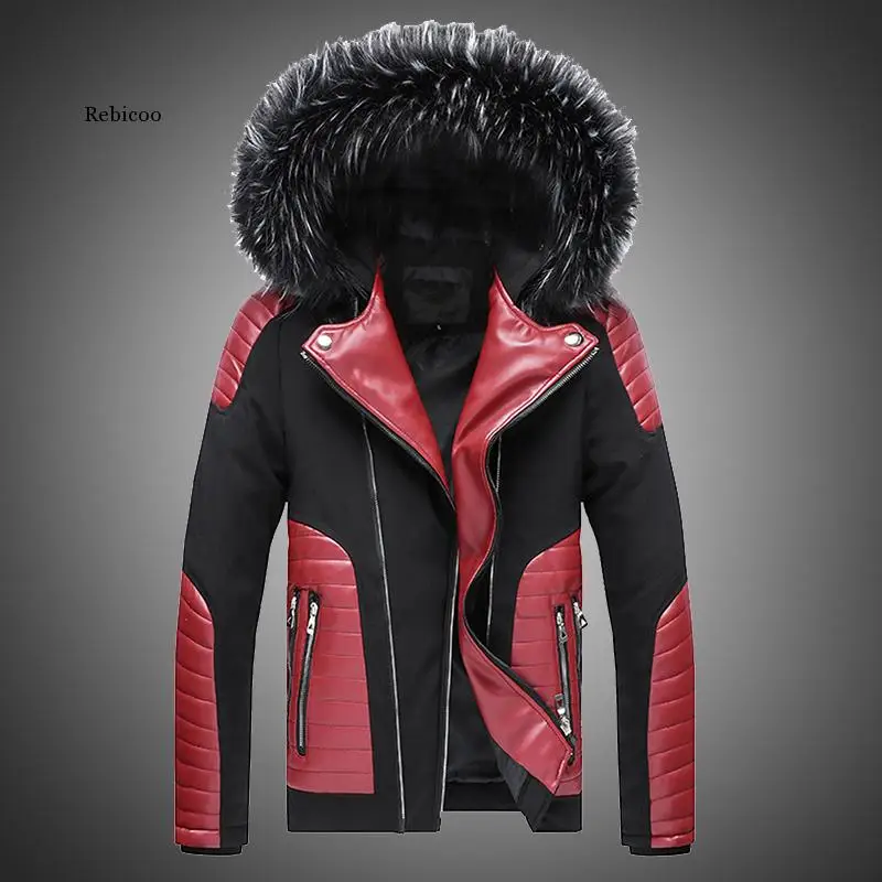 

Autumn Winter Men Jacket Patchwork Leather Motorcycle Jacket Street Fashion High Quality Fur Collar Leather Jacket Fur Coat Men