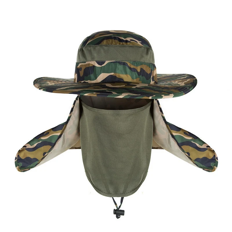 

Outdoor Army Green Wide Brim Bucket Hat with String UV Face Neck Protection Polyester Hat Cap Fishing Sunhat