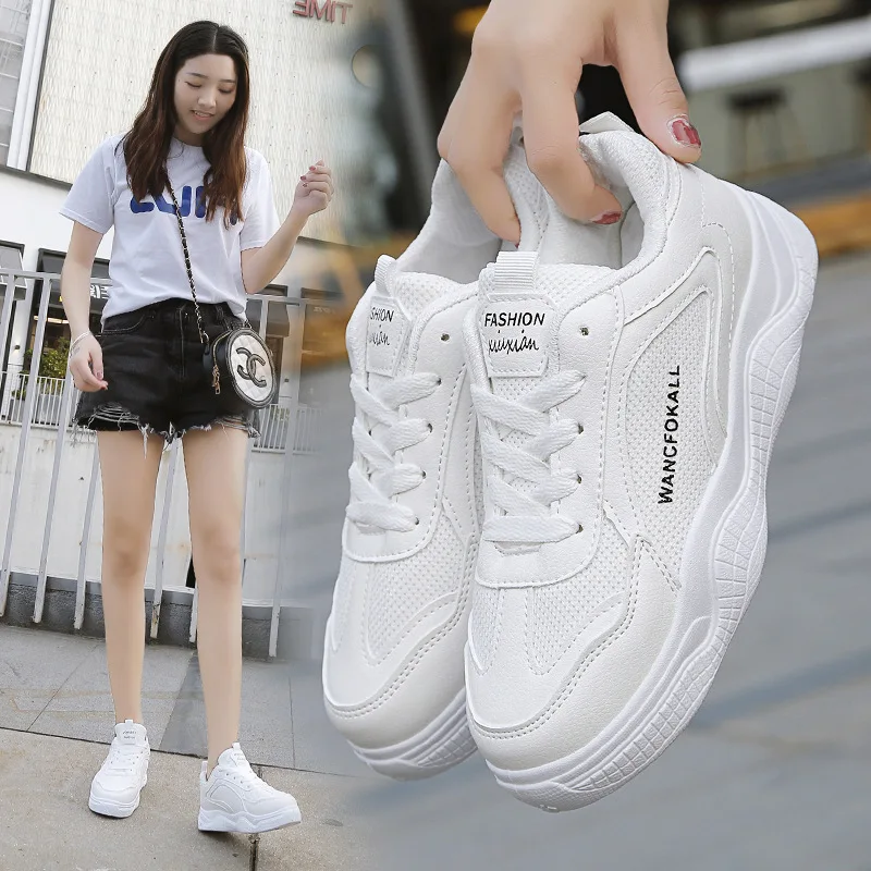 

2019 Spring New Style Casual Lace-up Sports Breathable Spell Mesh Versatile Low-cut Shoes Cute Mesh Shoes White Shoes