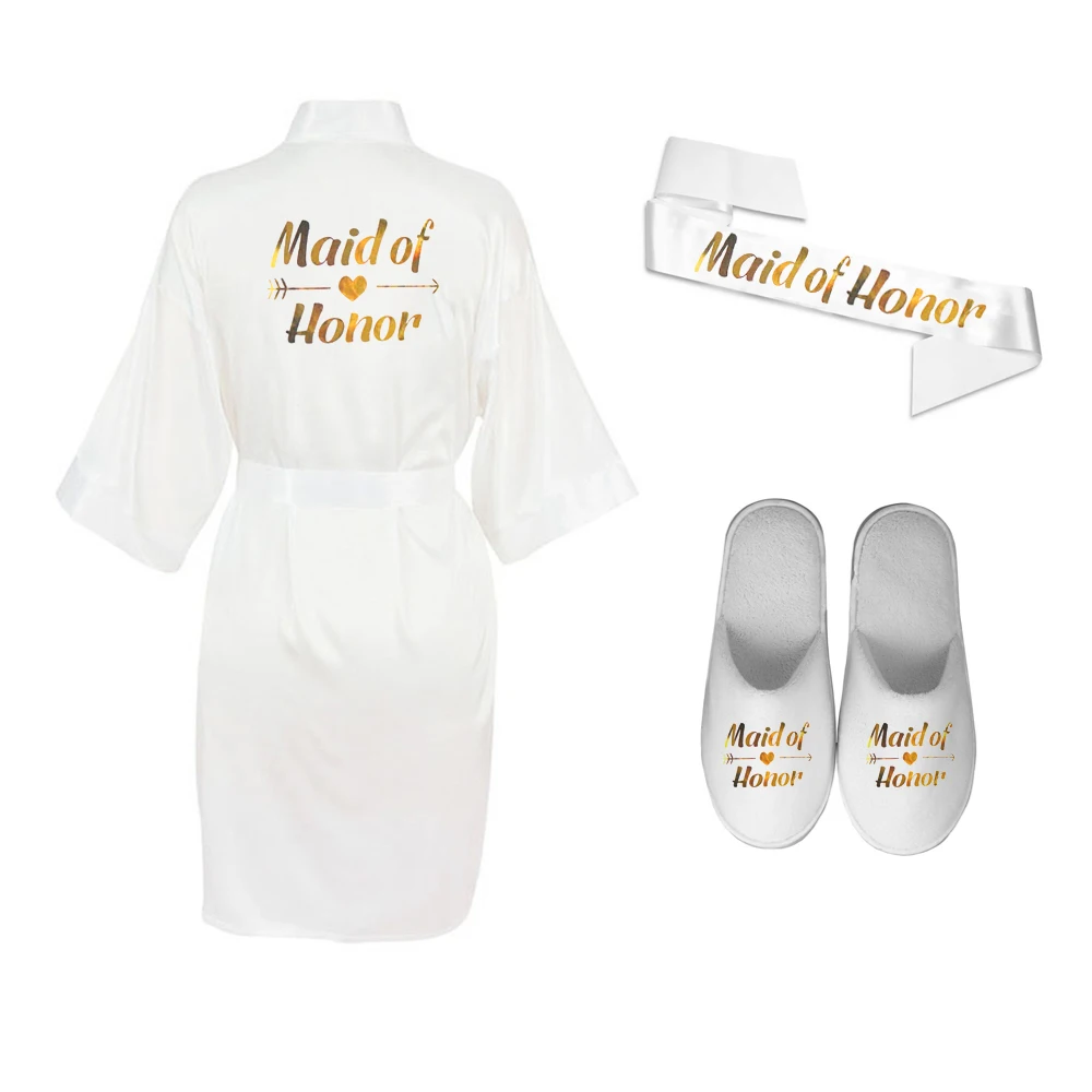 

New 3pcs set of Gold Printing Short bride to be Bathrobe White Color slippers bridal sash Personalized wedding Party Gifts
