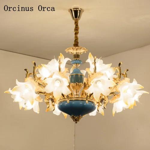 

High-end custom European luxury blue flower ceramic chandelier living room dining room bedroom French Color Crystal Chandelier