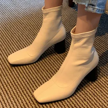 

Women Square Toe High Heels Ankle Boots Chunky Heels Pull-on Fall Winter Fashion Sewing Dress Black White Apricot Booties