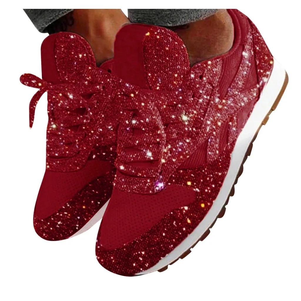 Сетчатые блестящие дышащие кроссовки на платформе; однотонные Модные дышащие кроссовки на шнуровке; удобная женская спортивная обувь - Цвет: Красный